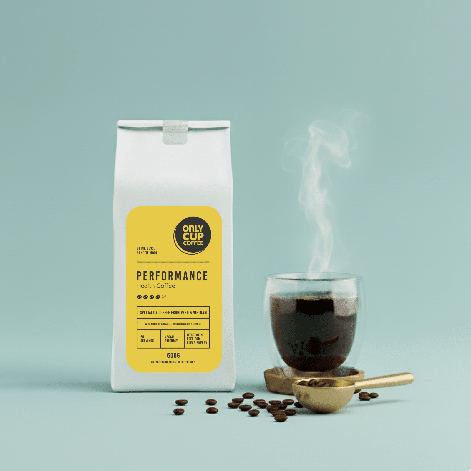White bag of Performance coffee beans on a green background with a steaming glass mug of coffee and a spoon of coffee beans.